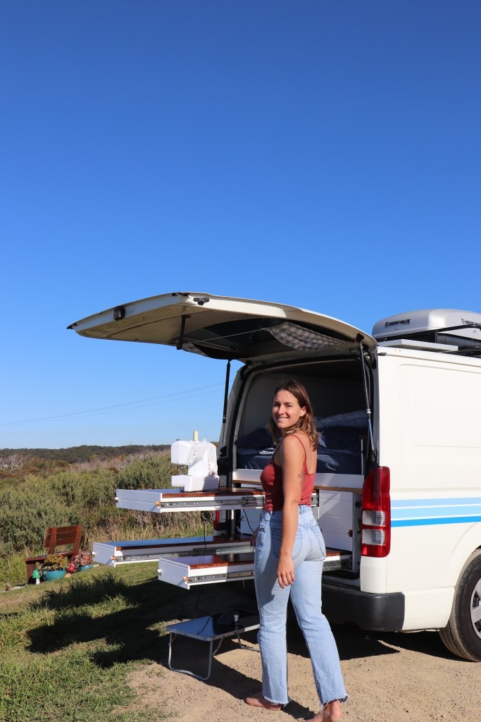 sewing in my van on wheels, toyota hiace, travelling the east clast of Australia